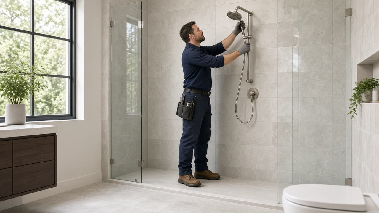 Plumber installing a shower system in Hendersonville
