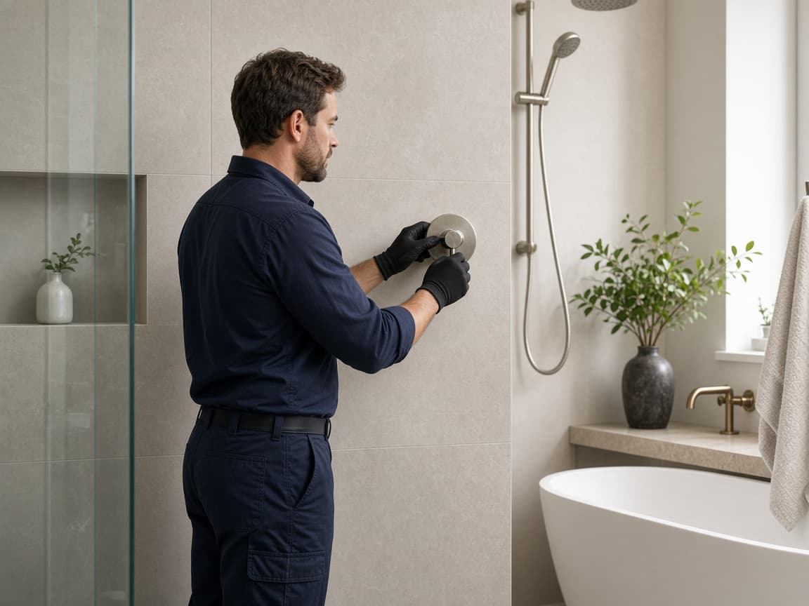 Plumber fine-tuning a shower valve in Hendersonville