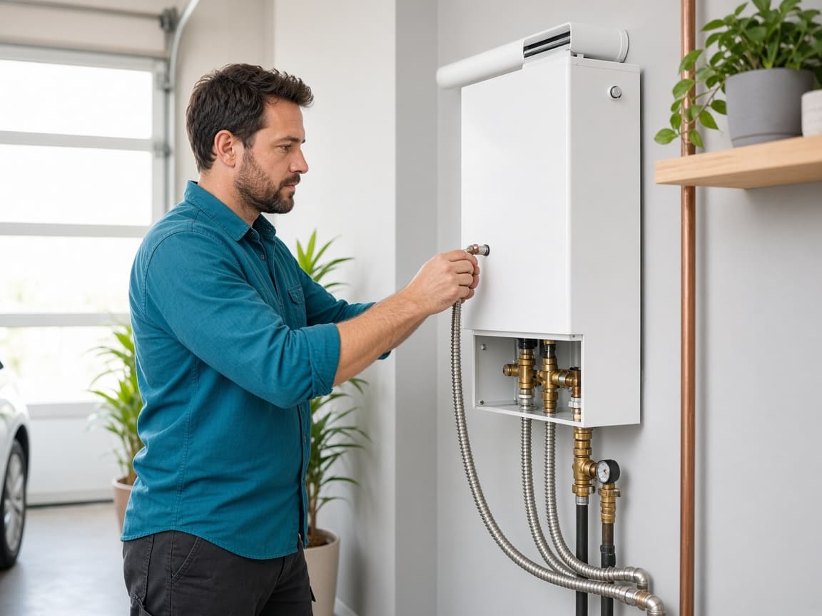 Plumber inspecting a tankless water heater in Gallatin