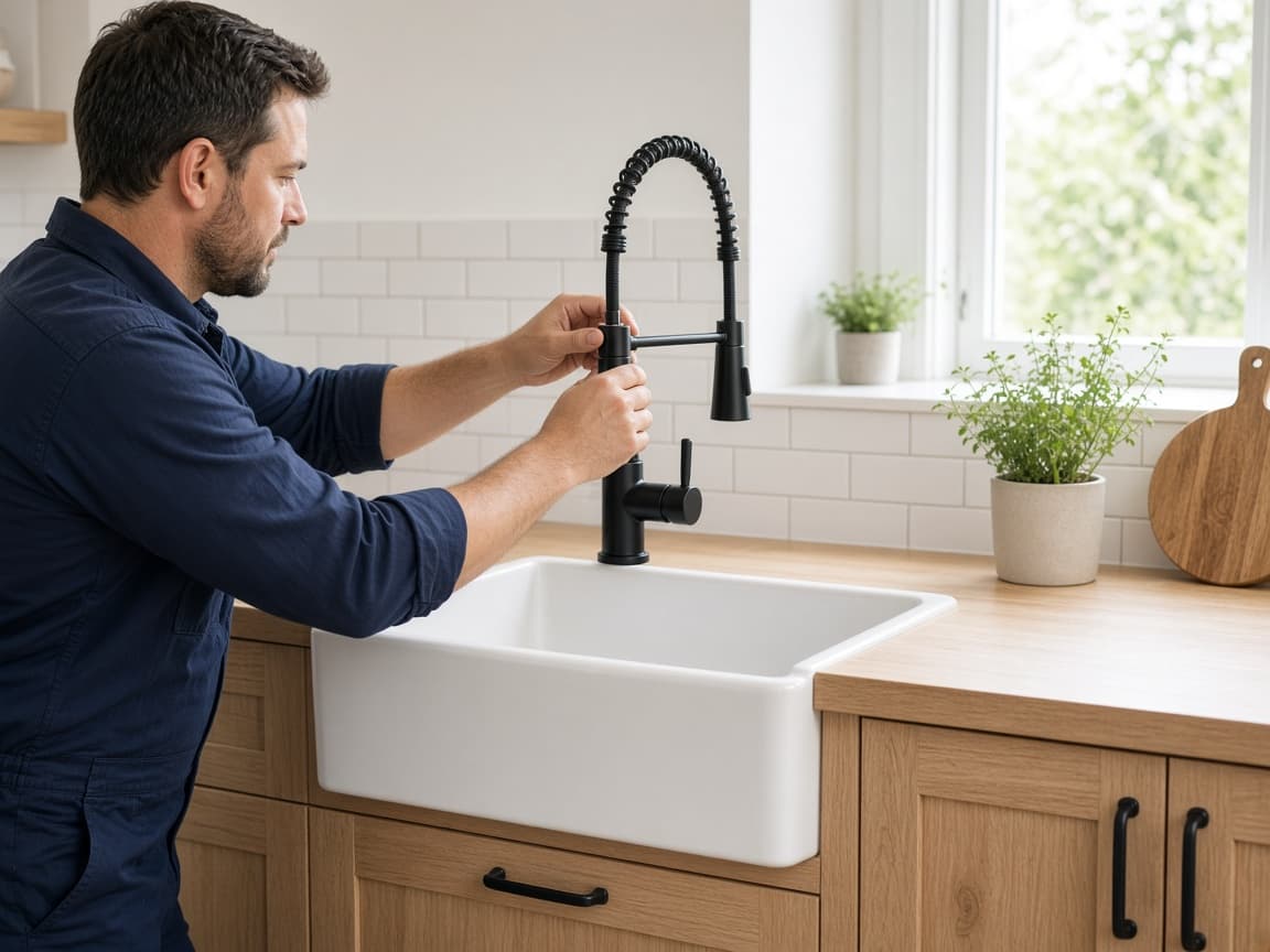 Plumber installing a kitchen faucet in La Vergne