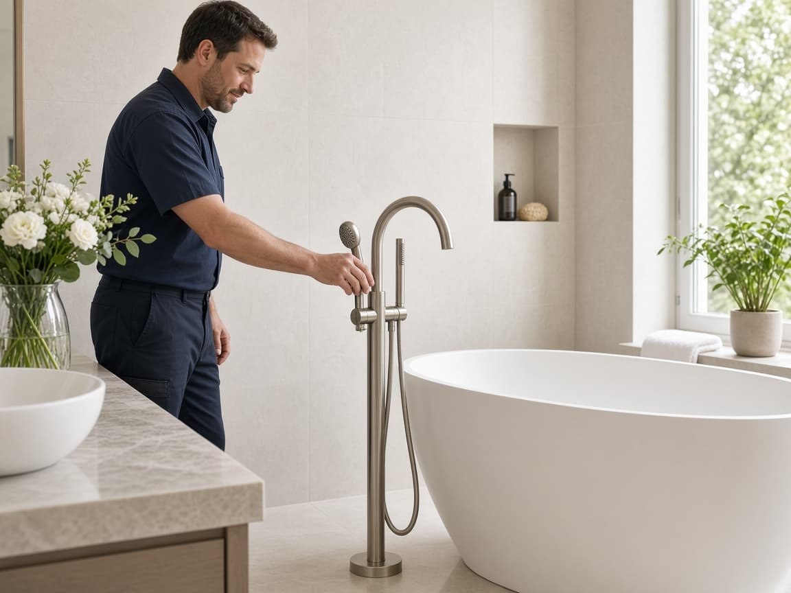 Plumber installing a freestanding tub faucet in Spring Hill
