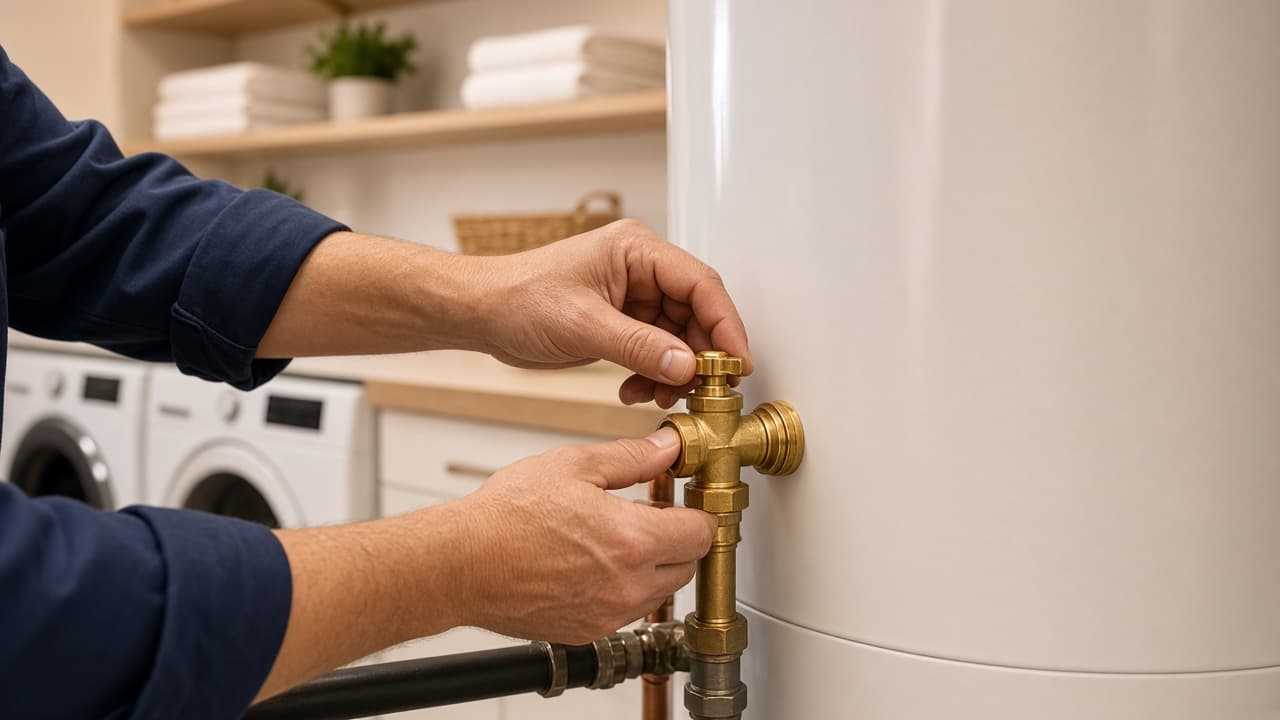 Plumber tightening a water heater valve in Gallatin