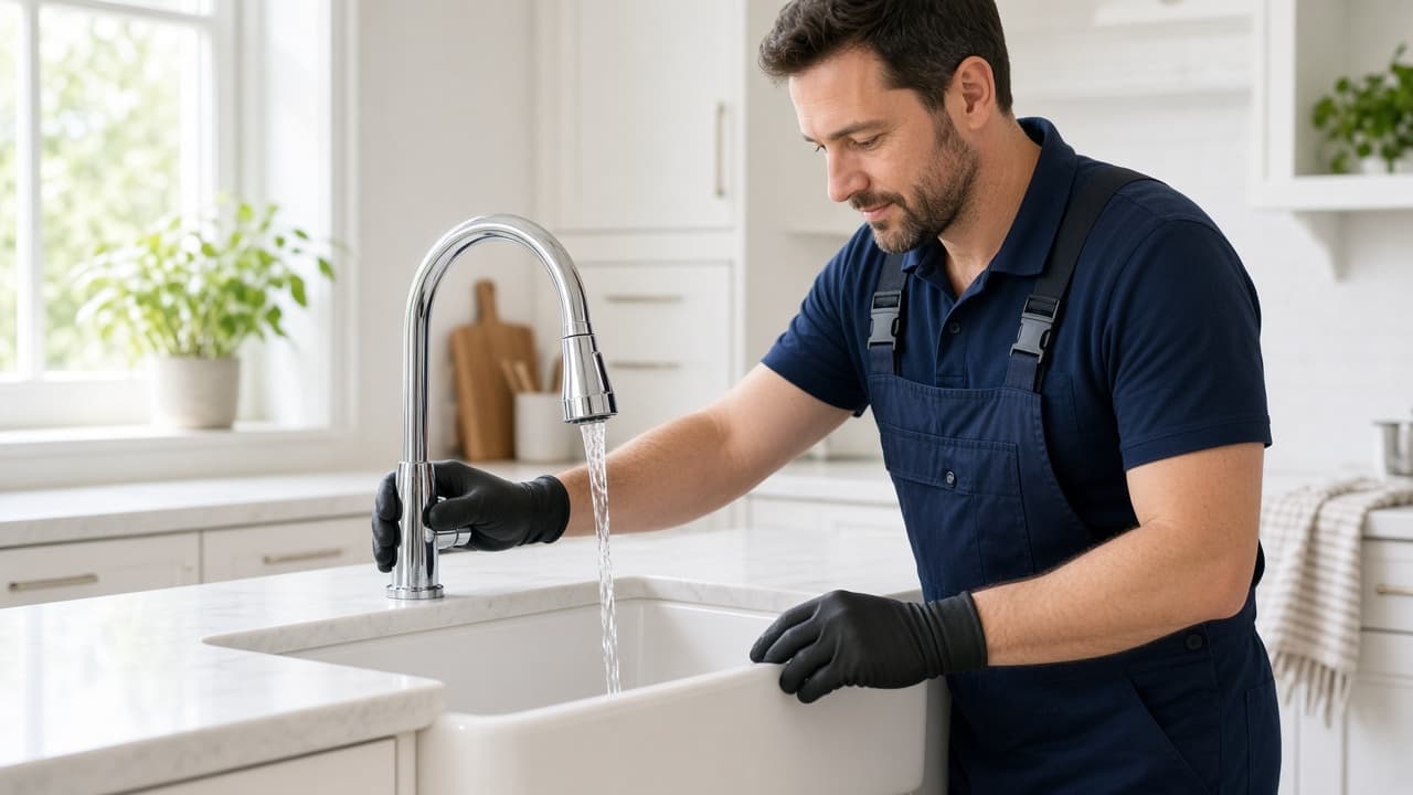 Plumber testing a kitchen faucet in La Vergne