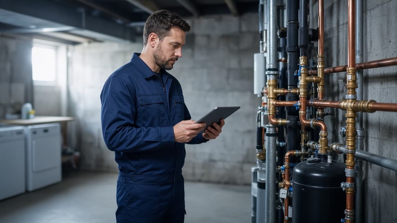 Plumber reviewing a service plan in Lebanon