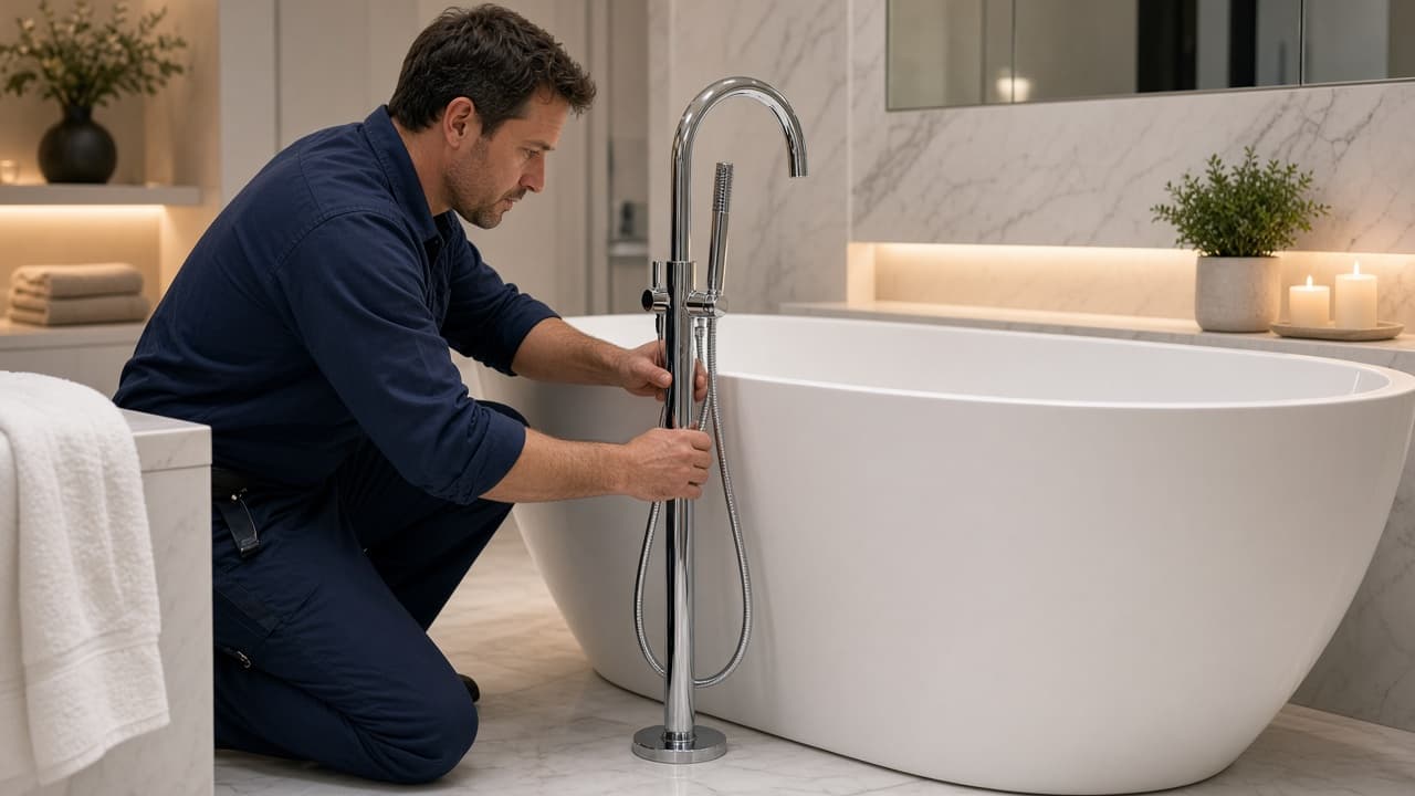 Plumber adjusting a freestanding tub faucet in Spring Hill