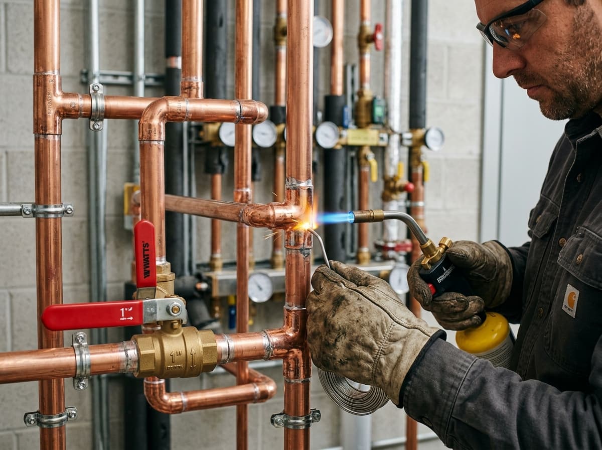Copper plumbing pipes and professional fitting work