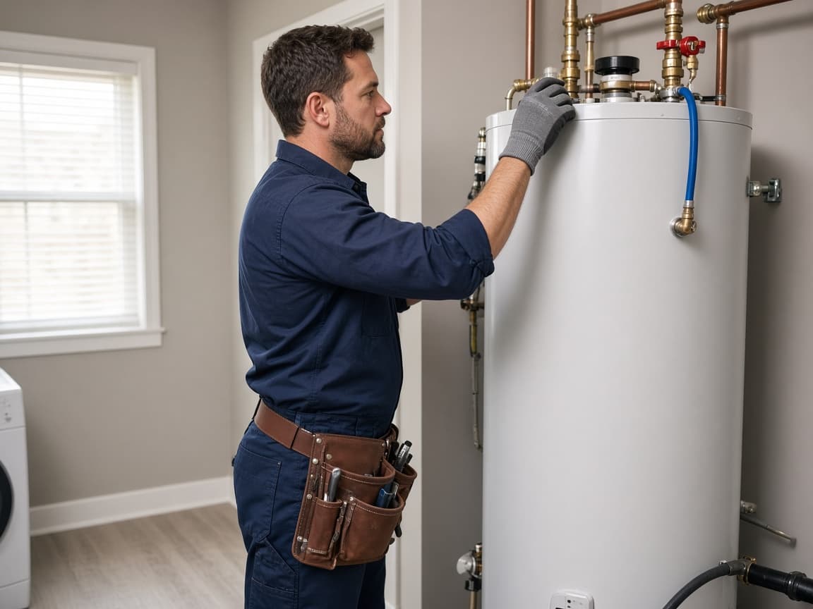 Plumber inspecting a water heater in Gallatin