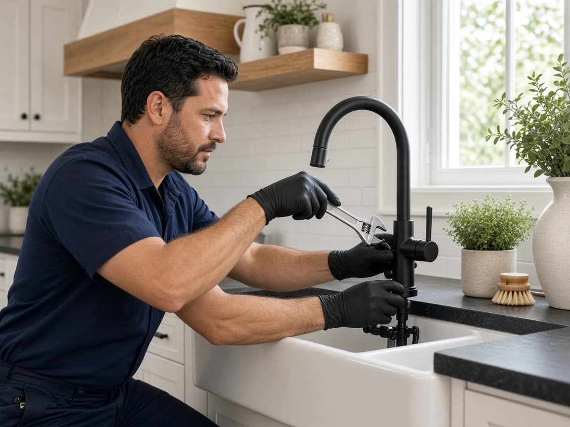 Plumber installing a kitchen faucet in La Vergne