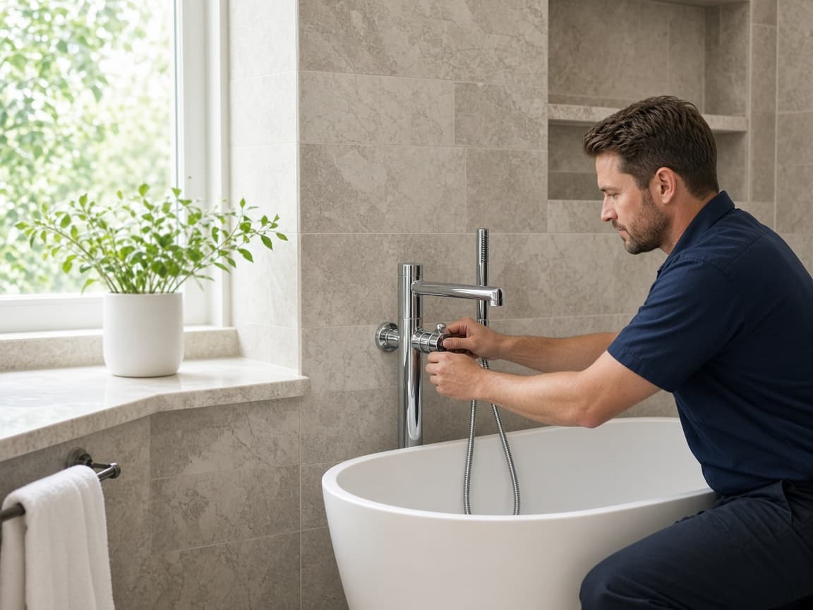 Plumber adjusting a freestanding tub filler in Spring Hill