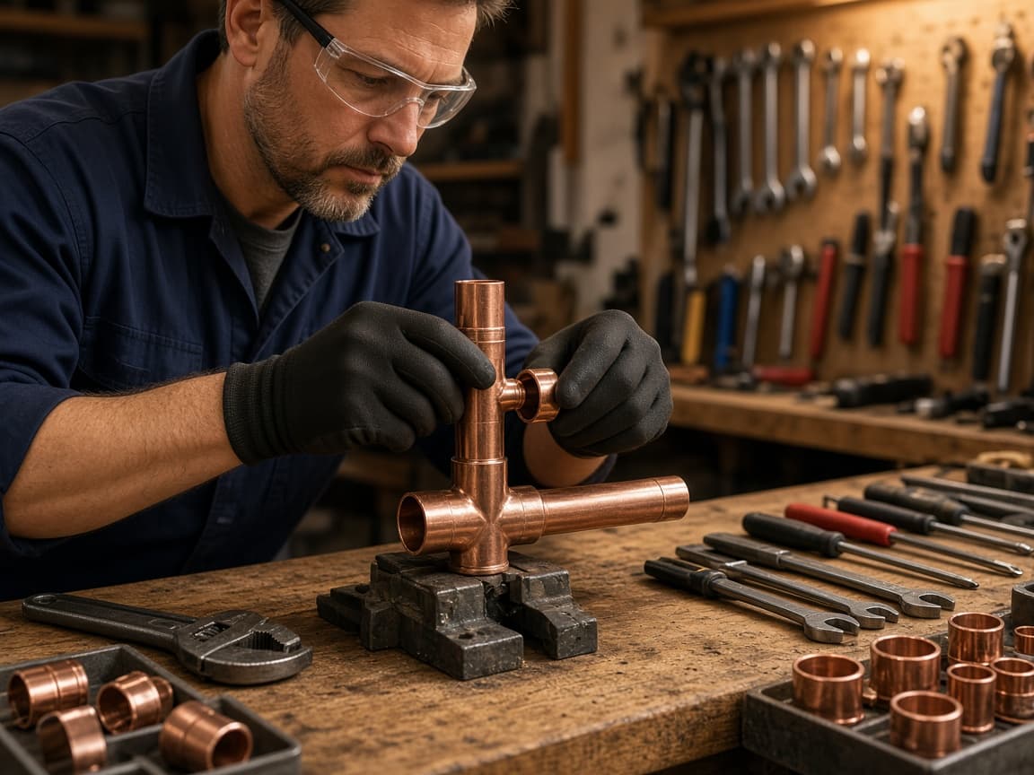 Plumber aligning copper pipe fittings in Franklin