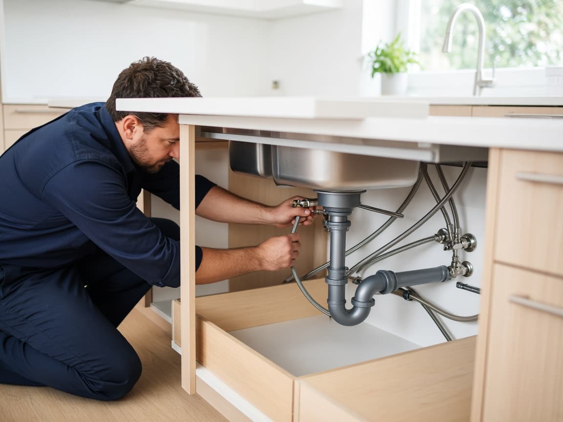Plumber installing kitchen sink supply lines in La Vergne
