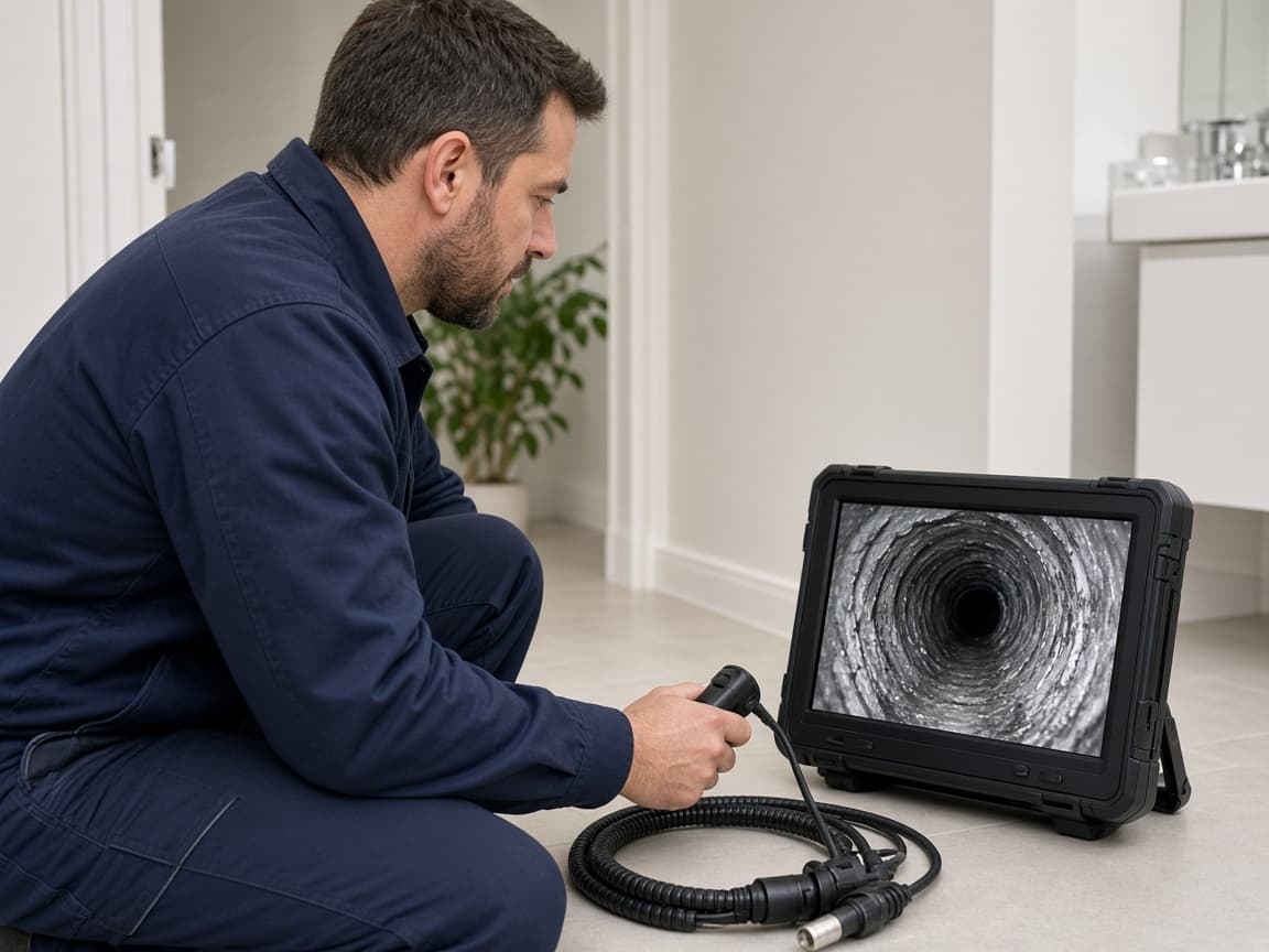 Plumber reviewing drain camera diagnostics in Lebanon