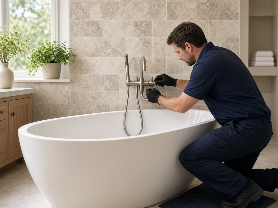 Plumber adjusting a freestanding tub filler in Spring Hill